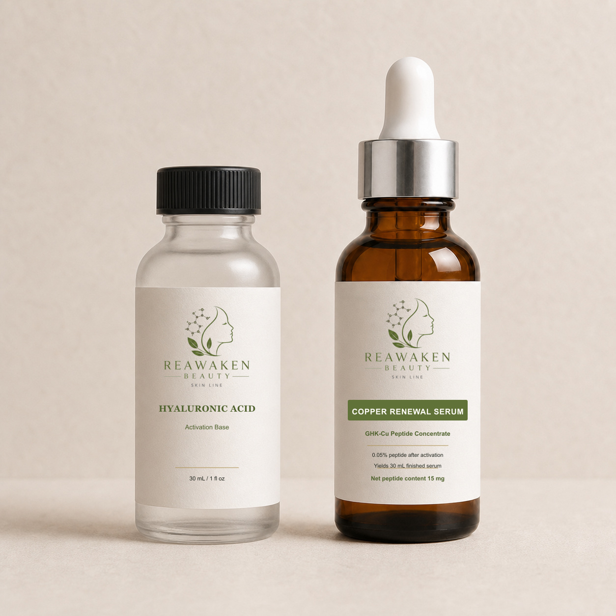 Copper Renewal Serum and Hyaluronic Acid Activation Base in matching tall 30 mL Boston-round bottles