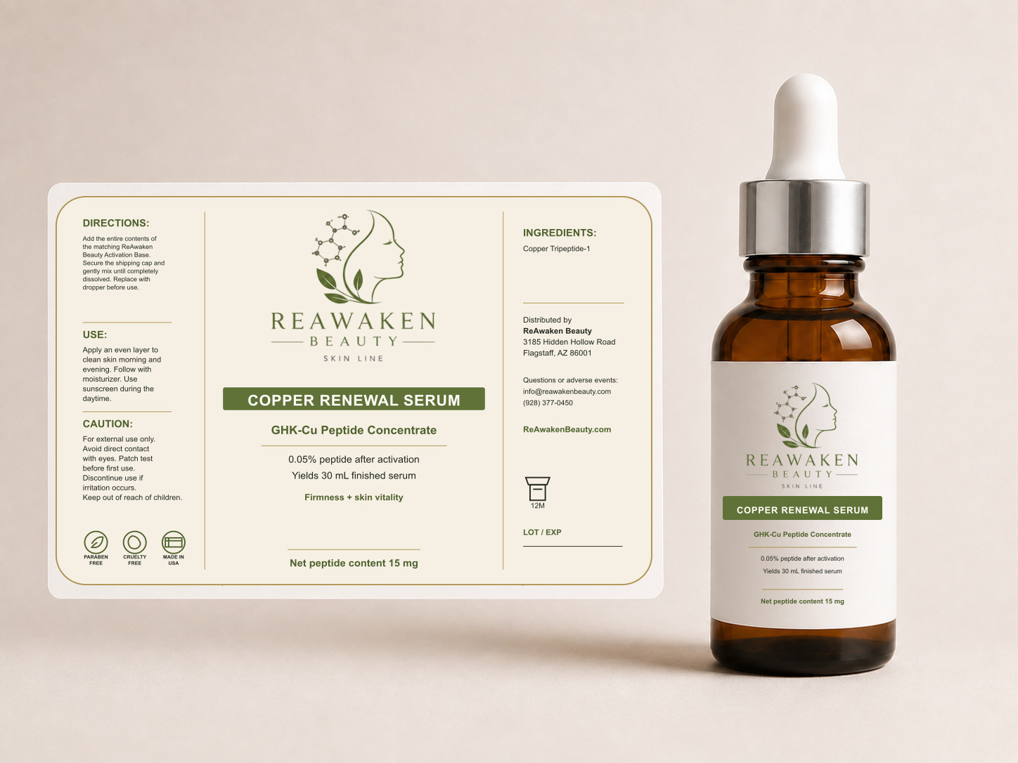 Copper Renewal Serum full-wrap label proof beside a tall amber 30 mL Boston-round dropper bottle
