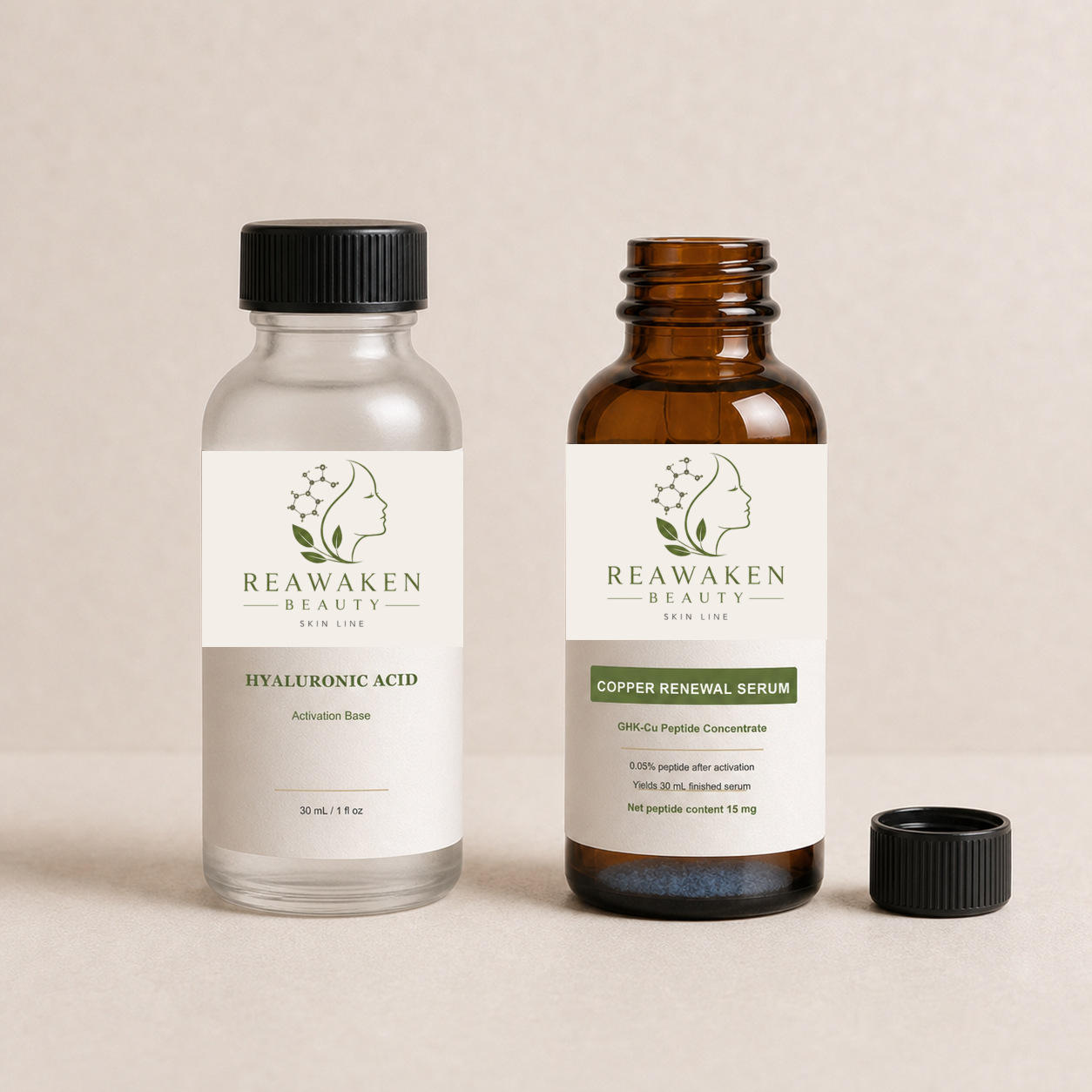 Open tall amber 30 mL Boston-round peptide bottle with dry peptide concentrate at the bottom