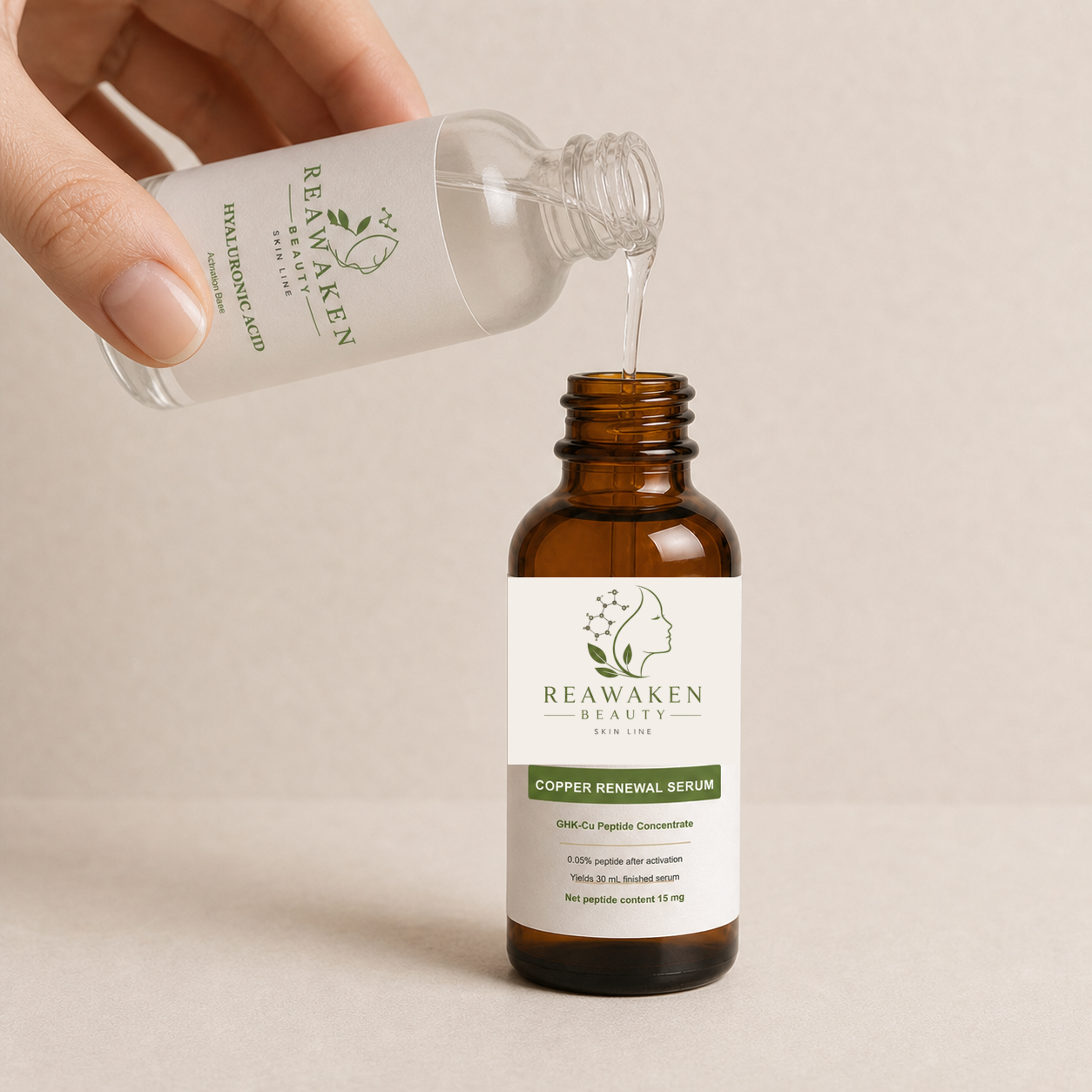 Clear activation base being poured into a tall amber 30 mL Boston-round peptide bottle