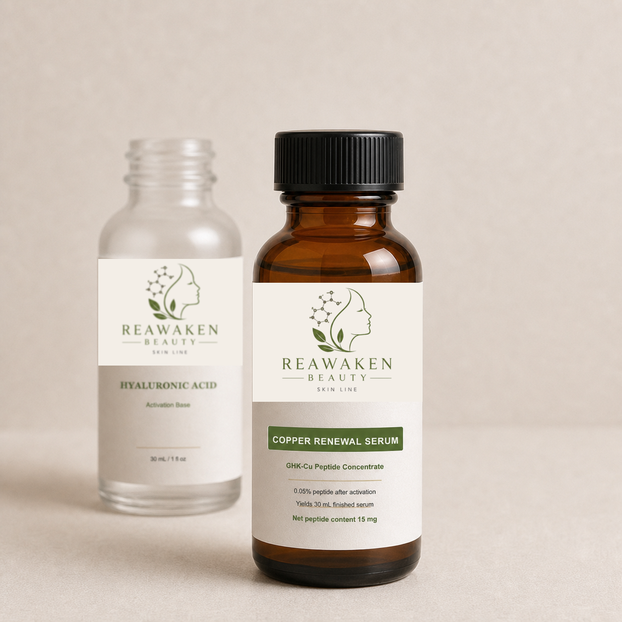 Tall amber 30 mL Boston-round serum bottle resting while the peptide dissolves