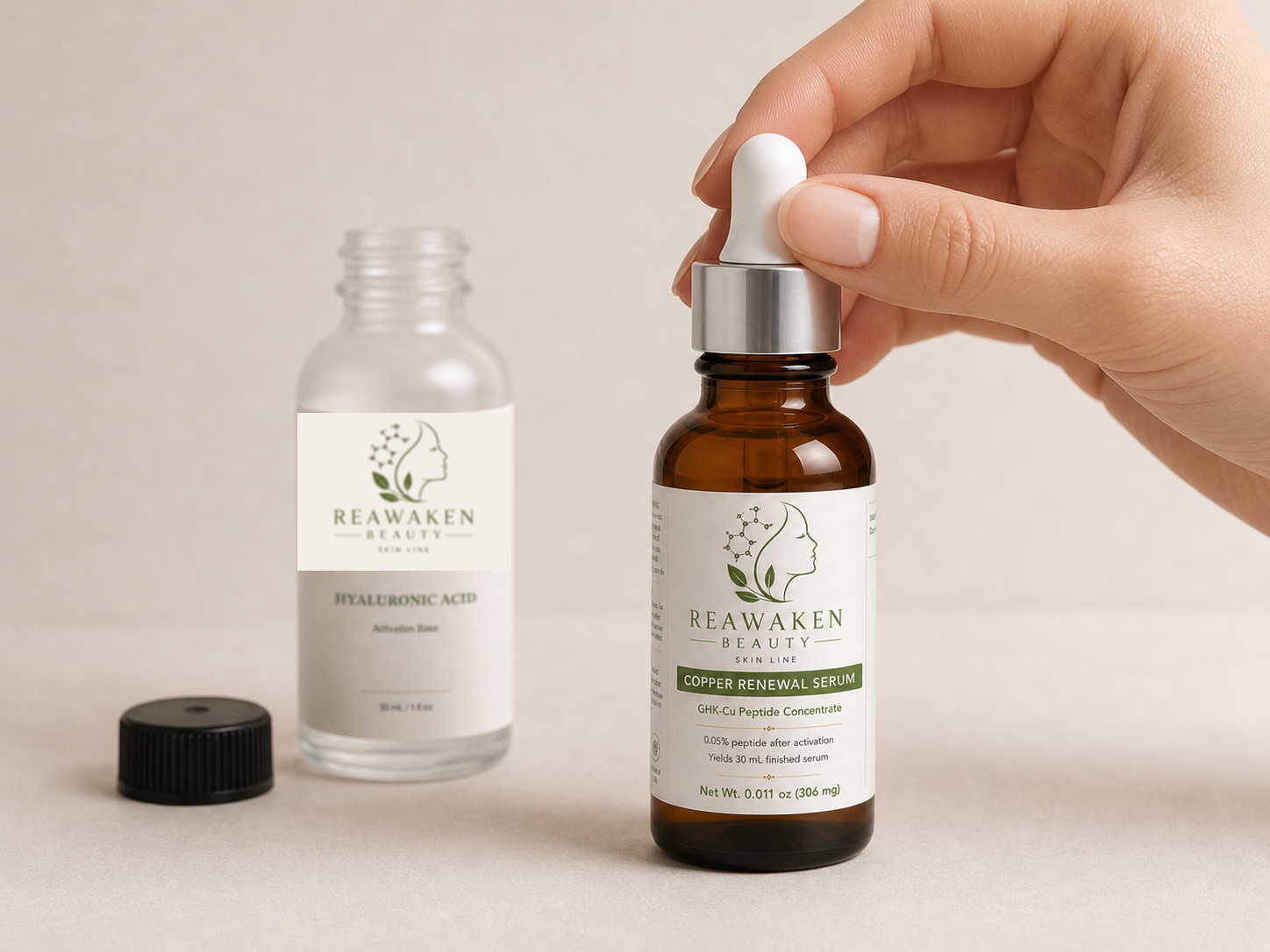 Silver and white dropper being installed on the activated 30 mL serum bottle